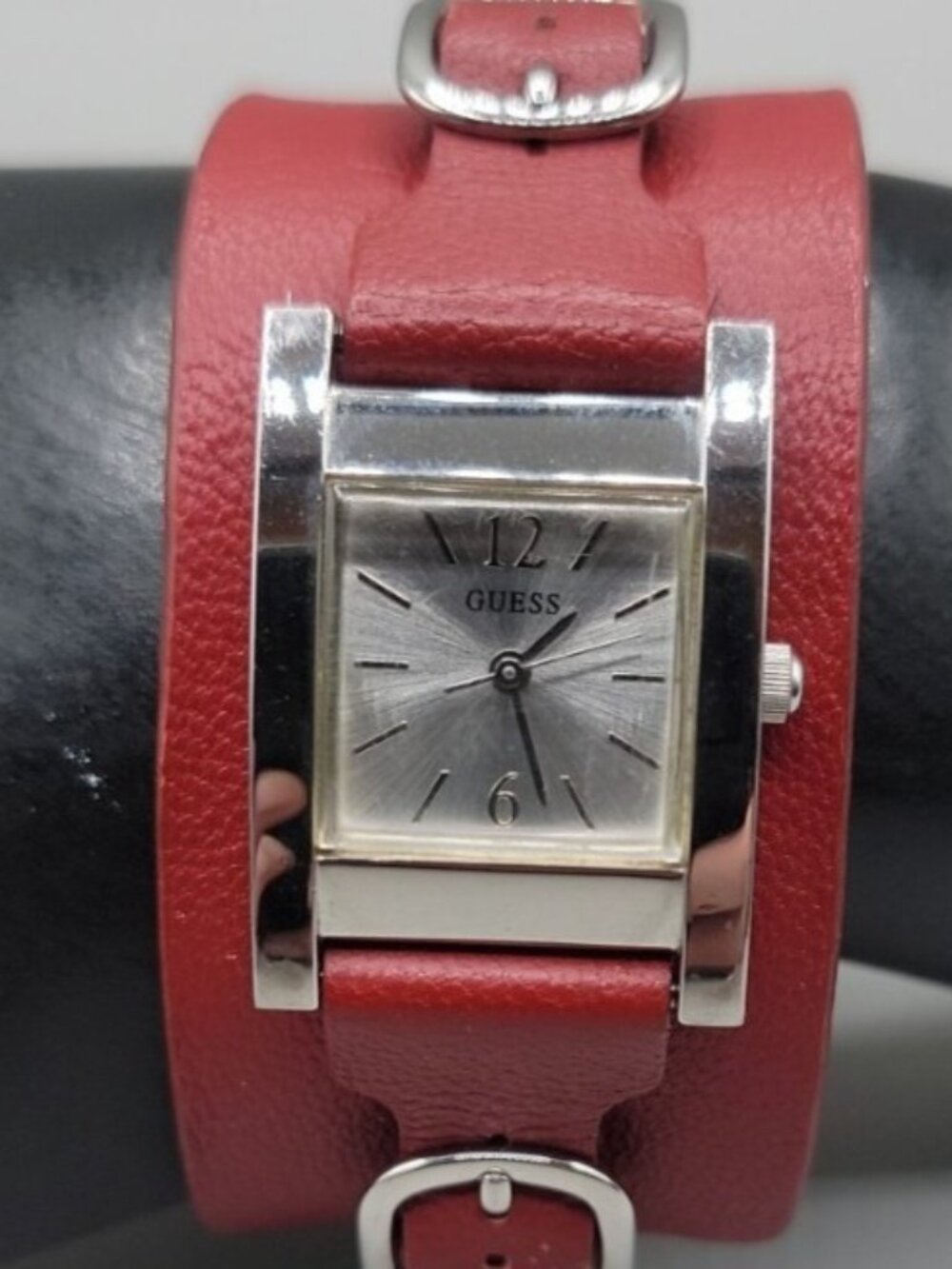 Vintage GUESS Women's Cuff Watch Red Leather Wide Bund Band Square Silver Tank